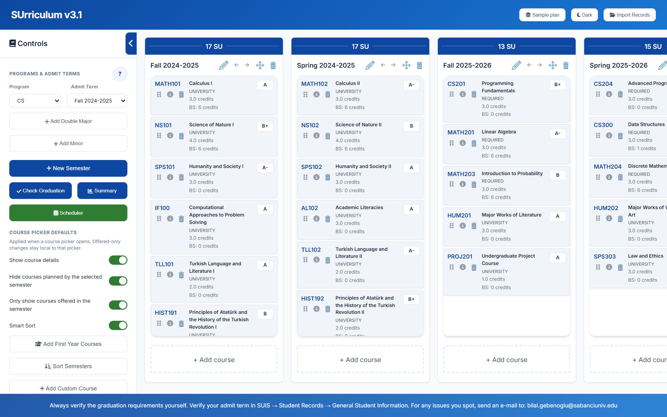 SUrriculum on desktop: a semester-by-semester plan with courses, credits and grades