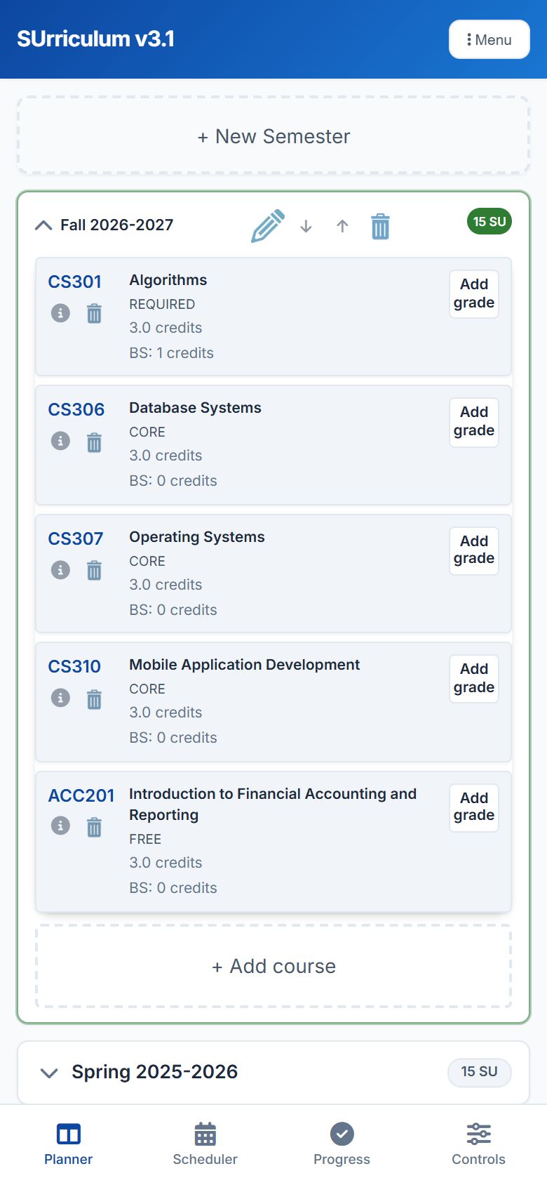 SUrriculum on a phone, showing a semester's courses